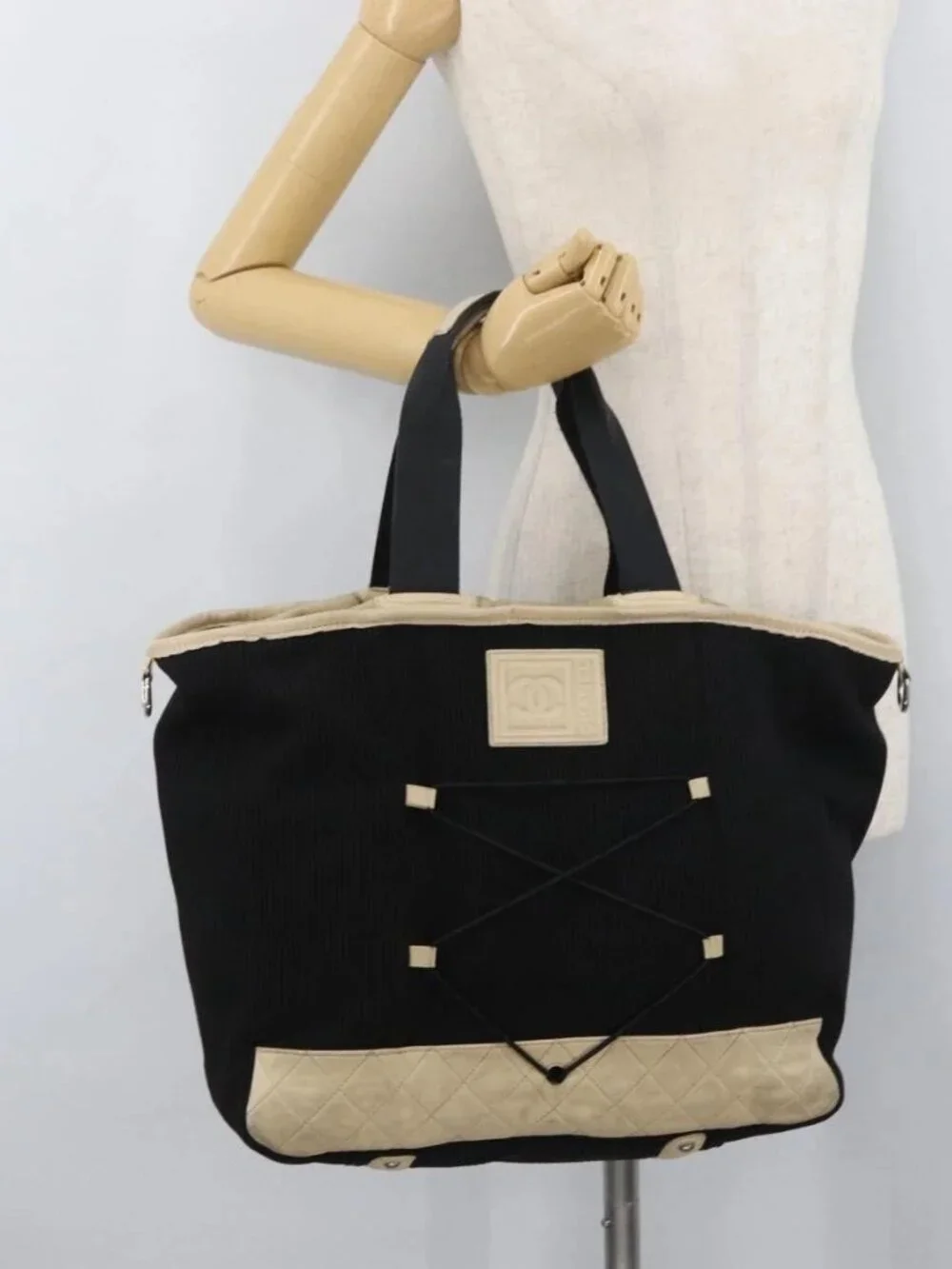 CHANEL Sports Hand Bag Canvas Black Silver CC Auth mr2244
